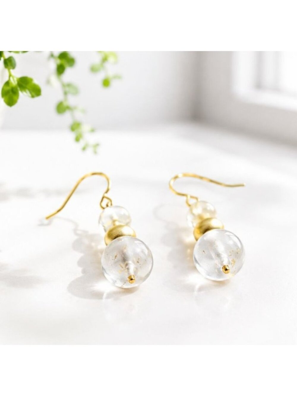 Vintage Clear Glass Bead & Gold-Tone Drop Earrings With Hook Backs 2 Inches Long